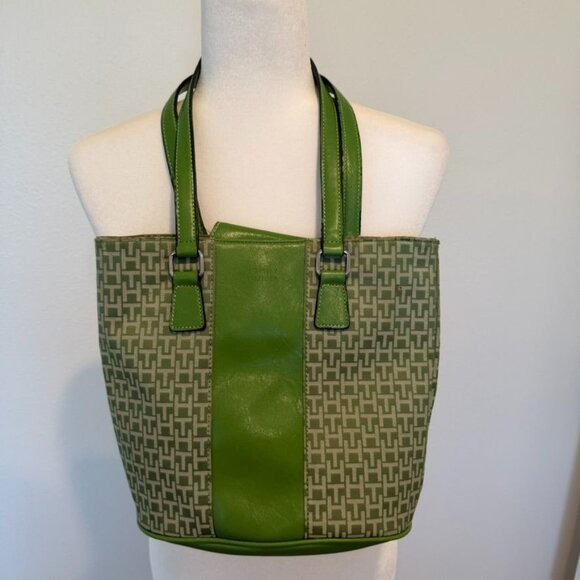 Vintage Tommy Hilfiger Y2K Monogrammed Jacquard Leather Trim Green Tote Bag - Picture 2 of 7